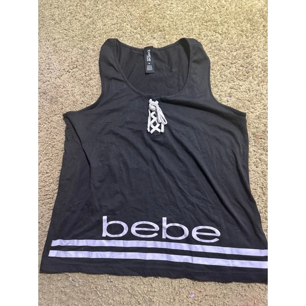 Bebe Sleepwear Womens‎ 1X Black White Lace Up Logo Graphic Lounge Tank Top